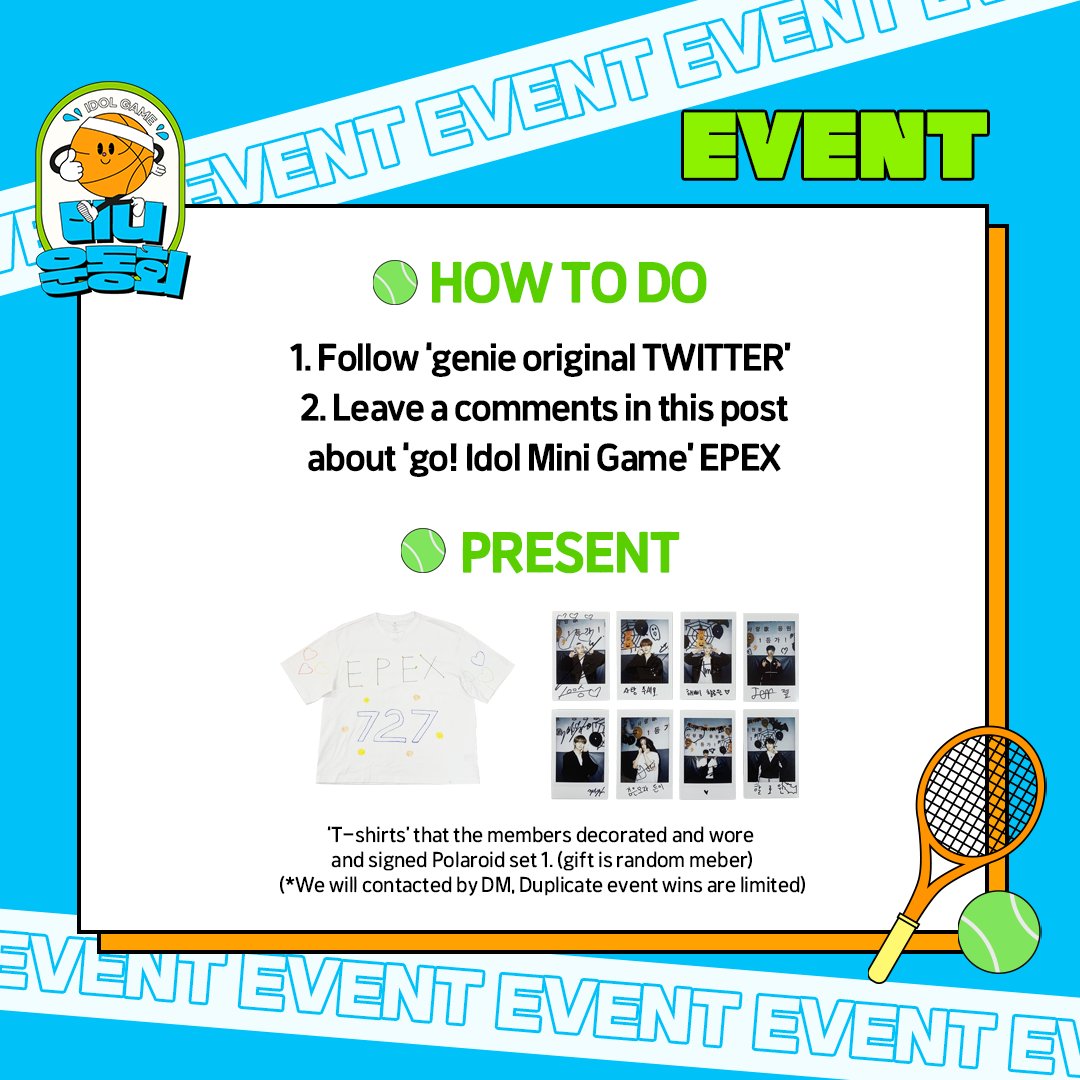 genieoriginal's tweet photo. [#EVENT] #go미니운동회 #EPEX
@the_EPEX

#지니오리지널 트위터 구독하고 본 게시물에 
go미니운동회 EPEX편 감상 댓글을 남겨주세요! 

추첨을 통해 4분께 멤버들이 직접 꾸민
🌟반티 와 #폴라로이드🌟를 드립니다.  

*당첨 발표는 당첨자에 한하여 DM으로 연락드립니다.
- 
#genieoriginal #이펙스 https://t.co/CV2hwqeXwv
