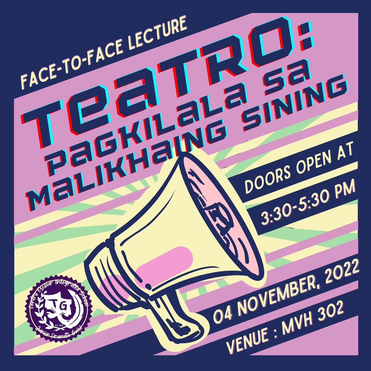 JDG_MNL's tweet photo. 𝐀𝐭𝐭𝐞𝐧𝐭𝐢𝐨𝐧, 𝐓𝐡𝐞𝐬𝐩𝐢𝐚𝐧𝐬!🎭

The Junior Dramatic Guild will have the first 𝑭𝑨𝑪𝑬-𝑻𝑶-𝑭𝑨𝑪𝑬 lecture tomorrow,  𝐍𝐨𝐯𝐞𝐦𝐛𝐞𝐫 𝟎𝟒, 𝟐𝟎𝟐𝟐, from 3:30 to 5:30 pm at 𝐌𝐕𝐇 𝟑𝟎𝟐. 

1/2 https://t.co/zWdpUtmHaM