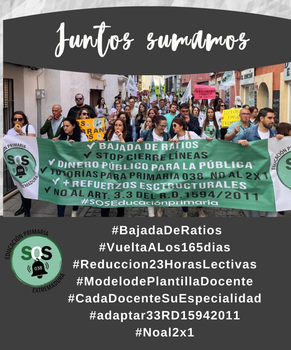 JUNTOS SUMAMOS 💪💪
<a href="/GFVara/">Guillermo Fdez Vara</a> <a href="/famayaf/">FranAmaya</a> <a href="/EstherGMoran/">Esther Gutiérrez</a> <a href="/Junta_Ex/">Junta de Extremadura</a> 
#Bajadaderatios 
#VueltaALos165días 
#cadadocenteasuespecialidad 
#adaptar33RD15942011 
#NoAl2x1 
#Reducción23HorasLectivas