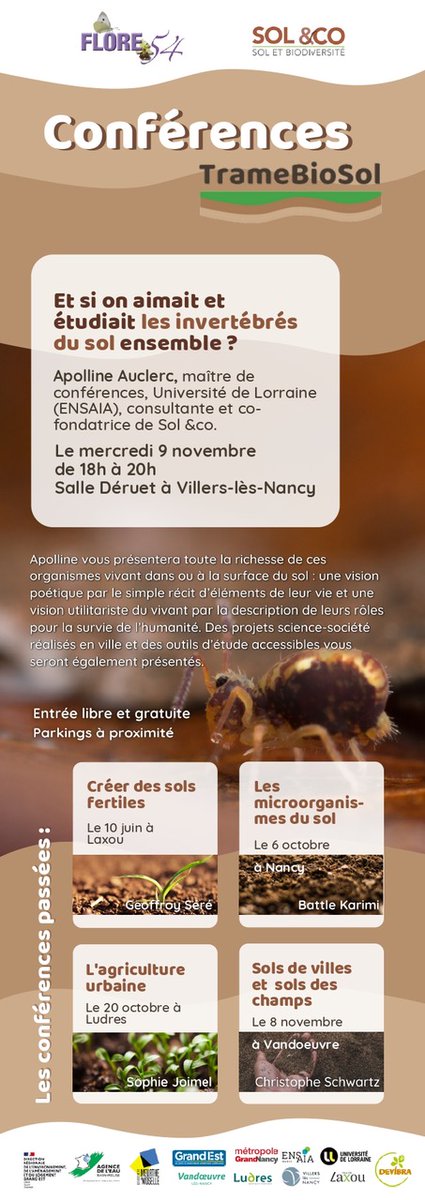 INRAE_Nancy's tweet photo. 📣📆 Conférence #TrameBioSol "Et si on aimait et étudiait les invertébrés du sol ensemble ?" le mercredi 9 nov. de 18h à 20h
Par Apolline Auclerc, maitre de conférences à l'@ENSAIA et au Laboratoire Sols et Environnement
Entrée libre et gratuite
📍Salle Déruet à @villerslesnancy https://t.co/PbbdDmwcWL