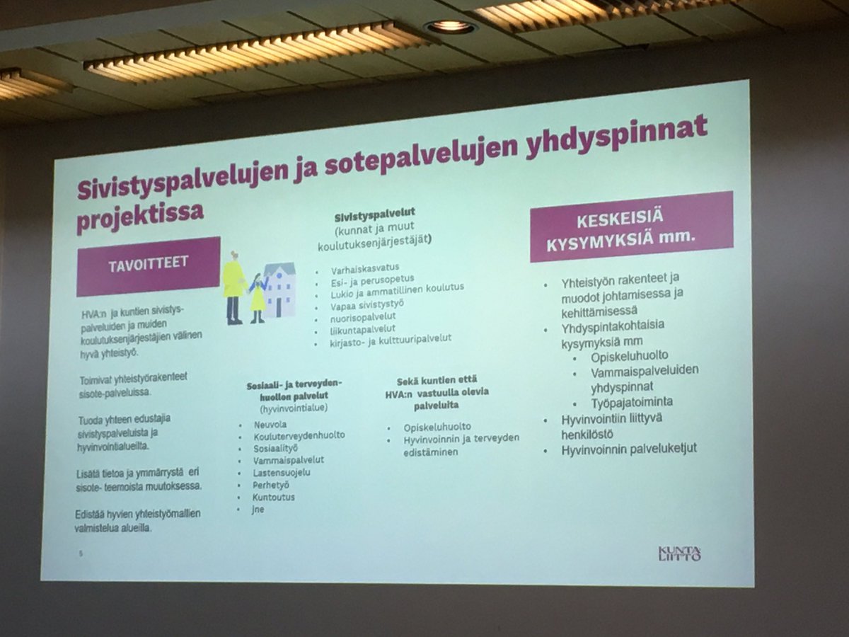 Kunnilla, koulutuksen järjestäjillä ja hyvinvointialueilla on jatkossa useita sivistys- ja sote-palveluiden yhdyspintoja. Yhteistyötä tarvitaan monilla tasoilla.

Kuntaliiton sisote-muutostukitilaisuus käynnissä. #soteuudistus #koulutus #hyvinvointi