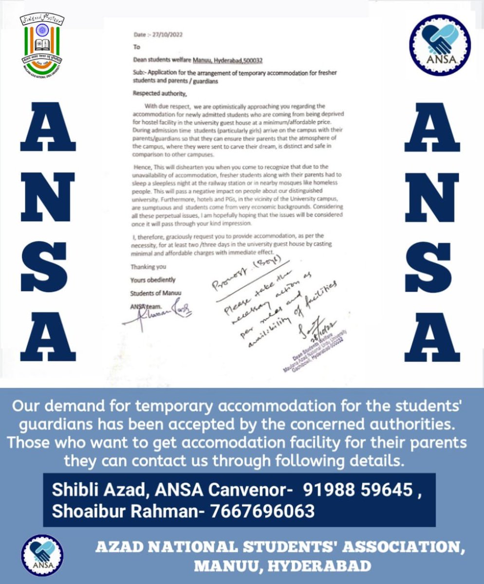 ansamanuu's tweet photo. Our Demand for temporary accommodation for the Students’ guardian has been accepted by the concerned authorities.

#Ansa #ansamanuu https://t.co/i2k31xmTOd