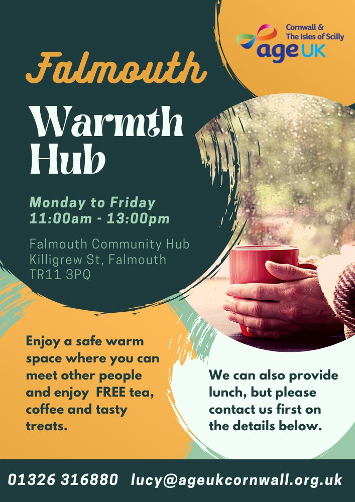 Age UK Cornwall ๐บ๐ฆ๐ณ๏ธโ๐ (@ageukcornwall) on Twitter photo Shouting loud and proud about the launch f Falmouth Warmth Hub. Falmouth provides a safe, warm space for people to enjoy FREE warm beverages, hot food and company โ๏ธ๐จโ๐ณโญ๏ธ
#warmspaces #connection 
Monday to Friday 1100-1300
Lunch can also be provided, call so you don't miss out. Shouting loud and proud about the launch f Falmouth Warmth Hub. Falmouth provides a safe, warm space for people to enjoy FREE warm beverages, hot food and company โ๏ธ๐จโ๐ณโญ๏ธ
#warmspaces #connection 
Monday to Friday 1100-1300
Lunch can also be provided, call so you don't miss out.