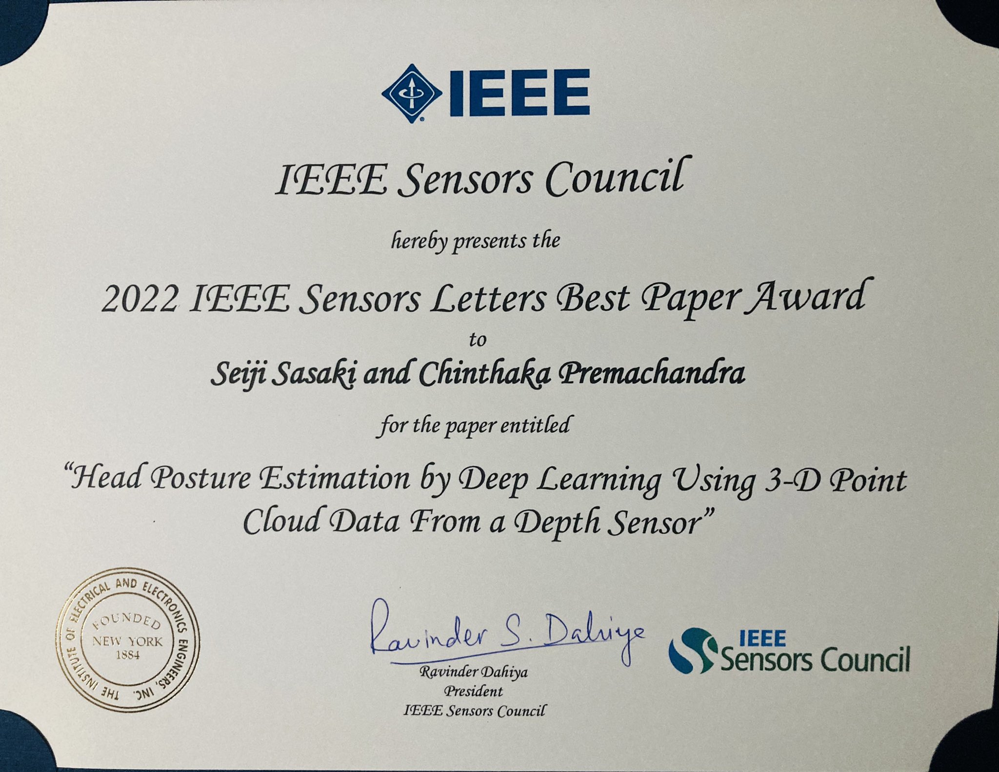 チンタカ(Chinthaka) on Twitter "数か月前に決まっていたIEEE Sensors Letters Best Paper