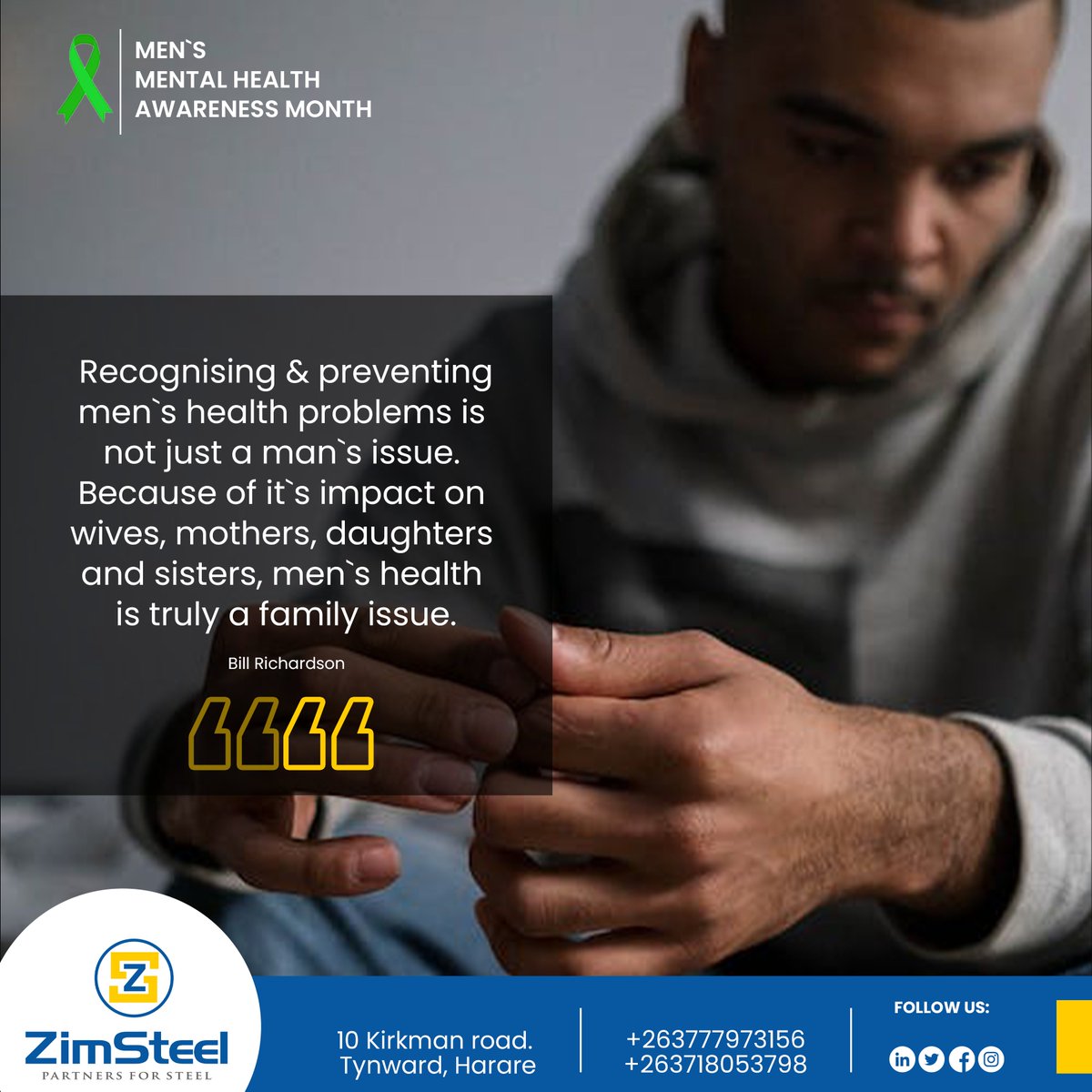 ZimSteel's tweet photo. Men's mental health facts: 

• Suicide is the most common death of men under 49 
•Men are less likely to seek help for their mental health 
•3 out of 4 suicides are by men 

Think before you tell men to 'man up' https://t.co/z0mtWr3z8T