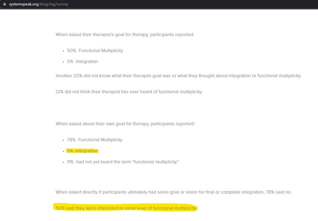TpaNonprofit's tweet image. You all don&apos;t think it&apos;s weird there still isn&apos;t a manual for clinicians on how to help clients reach &apos;&apos;functional multiplicity&apos;&apos; without focusing on fusion first?

We have clinical DID research for 25+ years now!

PPWC survey shows only 3% of 863 respondents want integration?!