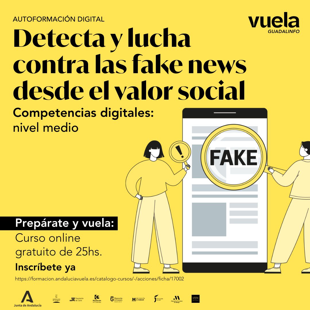 PuntosVuela's tweet photo. 🌐 🎓 ¿Quieres aprender a detectar y neutralizar las #fakenews? 

📱📰 Curso #online, gratuito y autoformativo, ¡Tú te organizas! 👉 https://t.co/1Yp4pF7Sm6

🟡🧰 #competenciasdigitales #preparateyvuela #VuelaGuadalinfo https://t.co/f8sp7EOCom