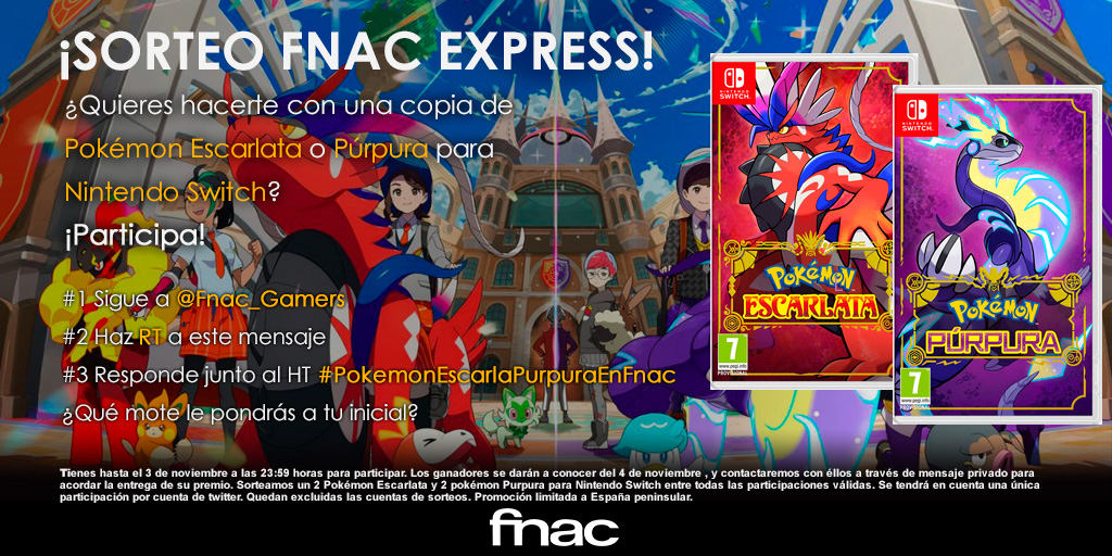 ¿Quién quiere un sorteo express de #PokémonEscarlataPúrpura?🔥

Solo hasta las 00:00 podrás hacerte con uno de los 4 juegos que sorteamos📢

✅Sigue a <a href="/Fnac_Gamers/">Fnac Gamers</a>
✅RT
✅Responde junto al HT #PokemonEscarlaPurpuraEnFnac ¿Qué mote le pondrás a tu inicial?
fnac.es/SearchResult/R…