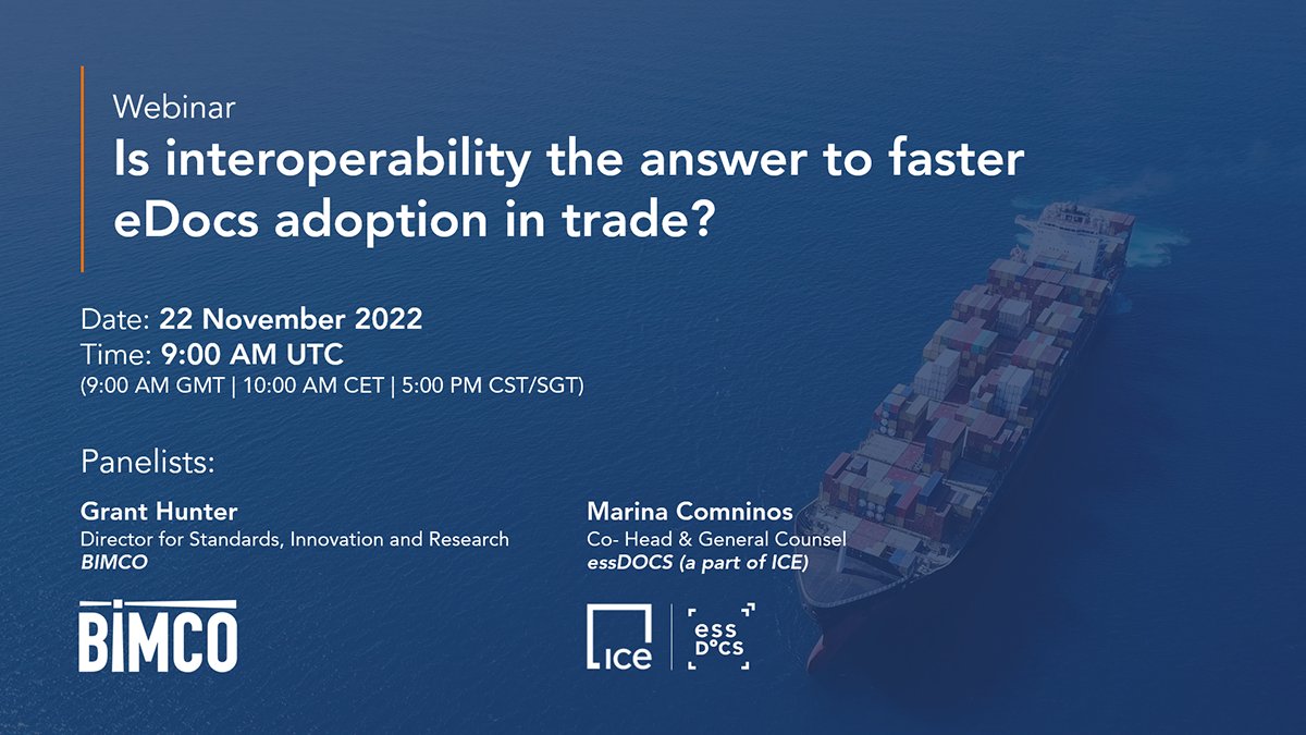 ICEDigitalTrade's tweet photo. Catch our upcoming #webinar on 22-Nov exploring key #eDocs #interoperability projects, latest #legal developments on laws recognizing #eBoLs + panel discussion / Q&A asking: ‘Is interoperability the answer to faster eDocs adoption in #trade?’ >https://t.co/NQQLb5IBbS @BIMCONews https://t.co/ZpH6L7rACr