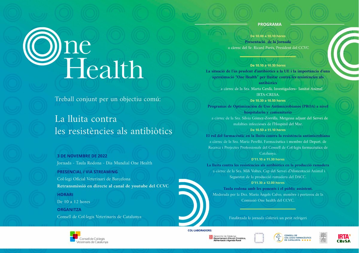 La resistència als antibiòtics és un dels reptes #OneHealth, Avui s'abordarà a la jornada 'One Health. Treball conjunt per un objectiu comú: La lluita contra les resistències als antibiòtics' organitzada pel @CCVC_ i que es retransmetrà per youtube comb.cat/ca/comunicacio…