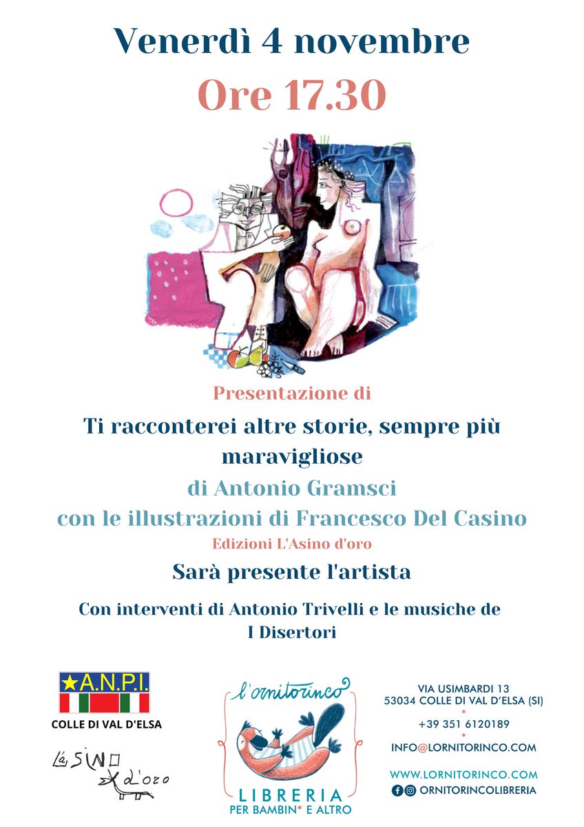 Domani, venerdì 4 alle ore 17.30, vi aspettiamo a L'ornitorinco - Libreria per bambinə e altro dove il grande artista Francesco Del Casino presenterà la raccolta di scritti di Antonio Gramsci dal titolo Ti racconterei altre storie, sempre più maravigliose
lornitorinco.com/presentazione-…