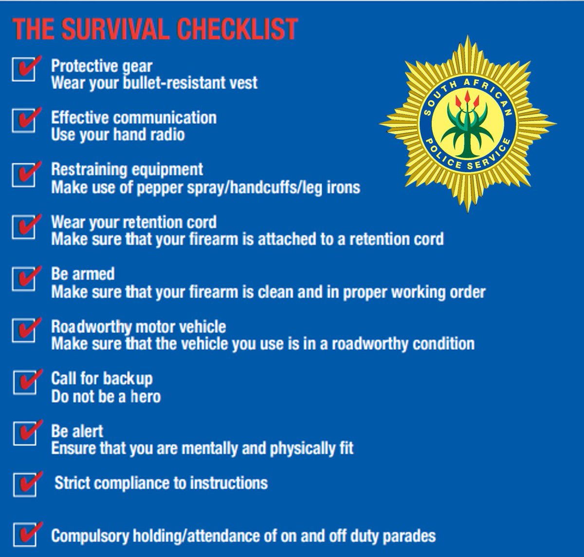 SAPoliceService's tweet photo. #sapsHQ The #SAPS Management thanks each and every member of the SAPS who will be participating in the #SaferFestiveSeason ops and urge them to remain vigilant at all times and ensure that they are operationally ready. #PoliceSafety #SafeShift ME https://t.co/fBeayJ3YnI