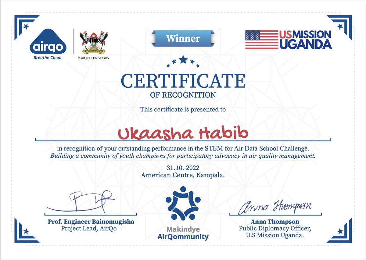 AirQoProject's tweet photo. With pleasure, we introduce to you the winners of the #StemDataChallenge &amp; #EssayCompetitions. 
We received 91 data submissions and 45 essays from 5 participating schools in Makindye Division. Kibuli S.S won in the data challenge while Cornerstone High School the essay challenge! https://t.co/WSx6XuHgVM
