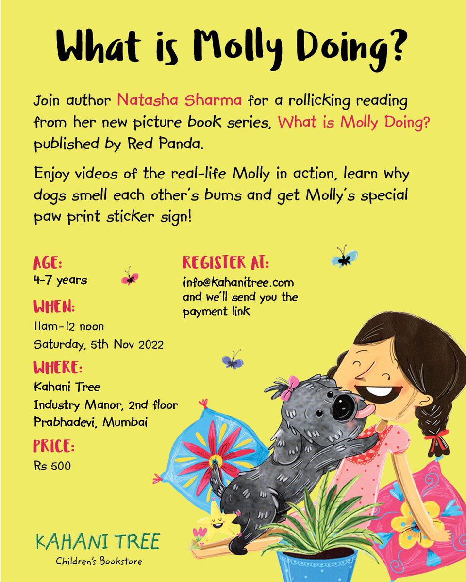 This Saturday at the gorgeous Kahani Tree bookstore in Mumbai. Come by for a barking good time! #picturebook #DogsOnTwitter