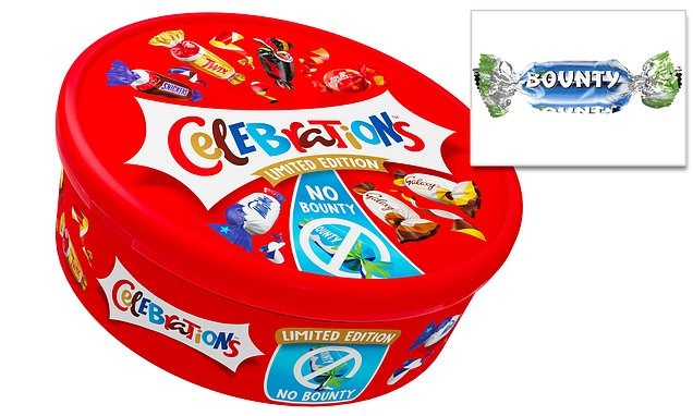 DailyMail's tweet photo. Celebrations boxes are being rolled out without Bounty bars ahead of Christmas

Full story: https://t.co/mVyVC6e0Yo https://t.co/0vQheQMQ0V