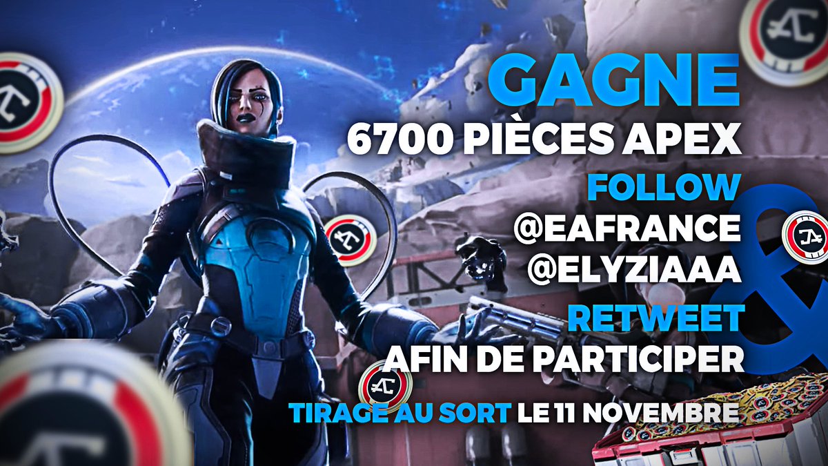 🤍 #CreatorNetwork 🖤

A l'occasion de la sortie de la saison 15 de #ApexLegends, nous vous faisons gagner 6700 Pièces Apex sur Playstation, XBOX ou PC !!!

Pour participer, il te suffit de:
~ RT ce tweet
~ Follow <a href="/EAFrance/">EA France</a>
~ Follow <a href="/Elyziaaa/">Emma ♡</a>

✨️ Tirage au sort le 11 novembre!