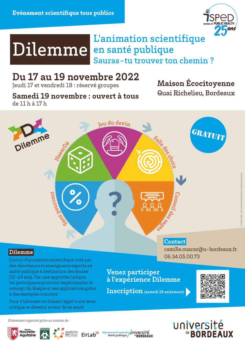 Isped_Bordeaux's tweet photo. L'@Isped_Bordeaux et le Dpt Recherche en #Santépublique de @univbordeaux, avec le soutien de @NvelleAquitaine & de @villedebordeaux proposent
1 #animationscientifique sur la thème du risque à destination des jeunes. Ouvert à tous le sam 19/11 + info : https://t.co/lDj33a4RQx https://t.co/MfRWpA3LlX