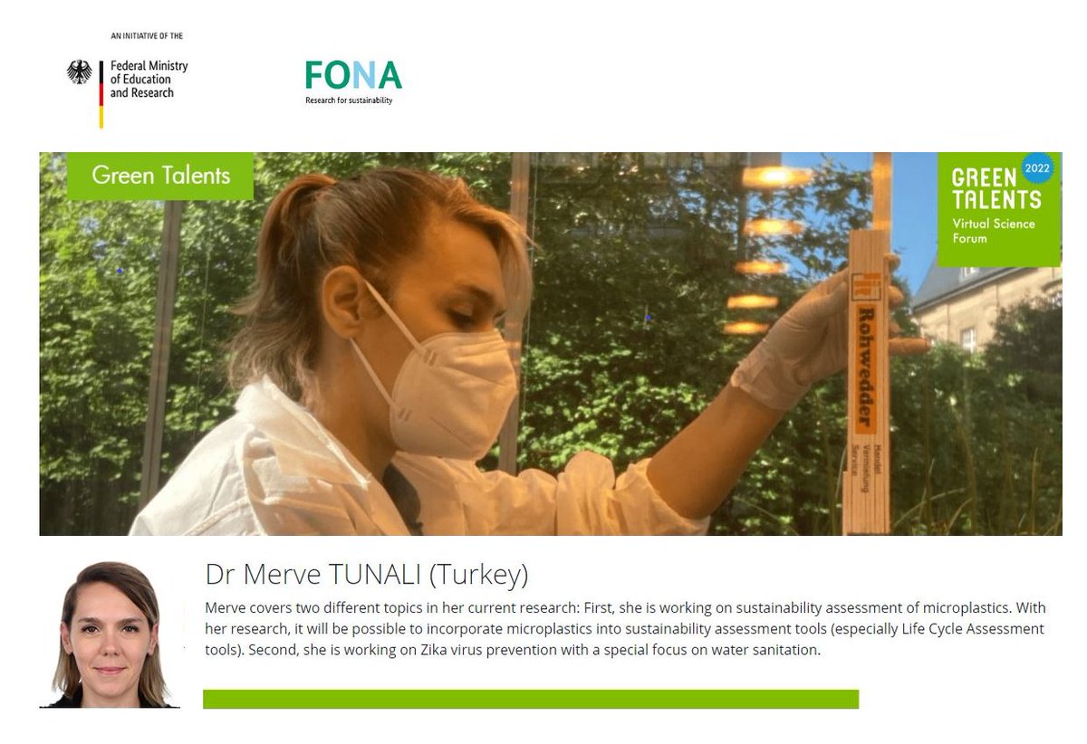 MerveTunali's tweet photo. Happy to be selected as one of the Green Talents, an award for young #scientists in the field of #sustainability, organized by the German Federal Ministry of Education and Research. #virtualscienceforum was amazing, happy to be part of it. Thank you @GreenTalents @BMBF_Bund https://t.co/bCRTjmxXsy