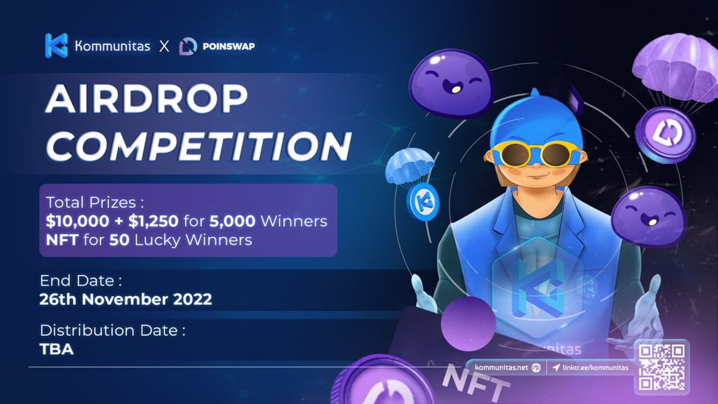 Hi, $KOMmunity!

🟣 We have organized an #Airdrop giveaway for <a href="/poinswap/">Poinswap</a> 

🤩 We want to share a total of $10,000 + $1,250 with 5,000 winners and NFT for 50 lucky winners

➡️ Join here gleam.io/ef0qY/poinswap…