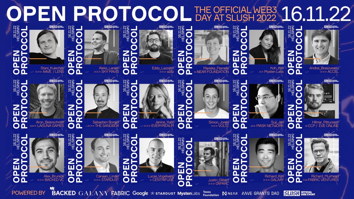2 weeks till Open Protocol the <a href="/SlushHQ/">Slush</a> web3 day. Only a few spaces left! 👉Apply here: open-protocol.xyz 👈 Talks by <a href="/AxieInfinity/">Axie Infinity</a> @16z @Stardust <a href="/SuiNetwork/">Sui</a> <a href="/LensProtocol/">Lens</a> <a href="/TheSandboxGame/">The Sandbox</a>  <a href="/Google/">Google</a> <a href="/tezos/">Tezos</a> <a href="/NEARProtocol/">NEAR Protocol</a> <a href="/AaveGrants/">Aave Grants</a> <a href="/crypto_unicorns/">Crypto Unicorns</a> <a href="/0xPARC/">0xPARC</a> + more. #OPSlush22