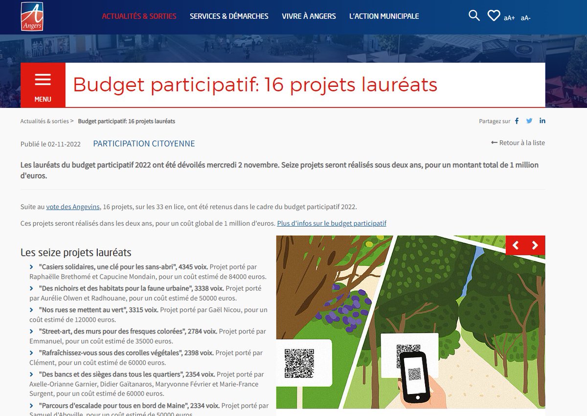 Découvrez les 16 lauréats retenus par les angevins au budget participatif 2022 :
angers.fr/actualites-sor…
