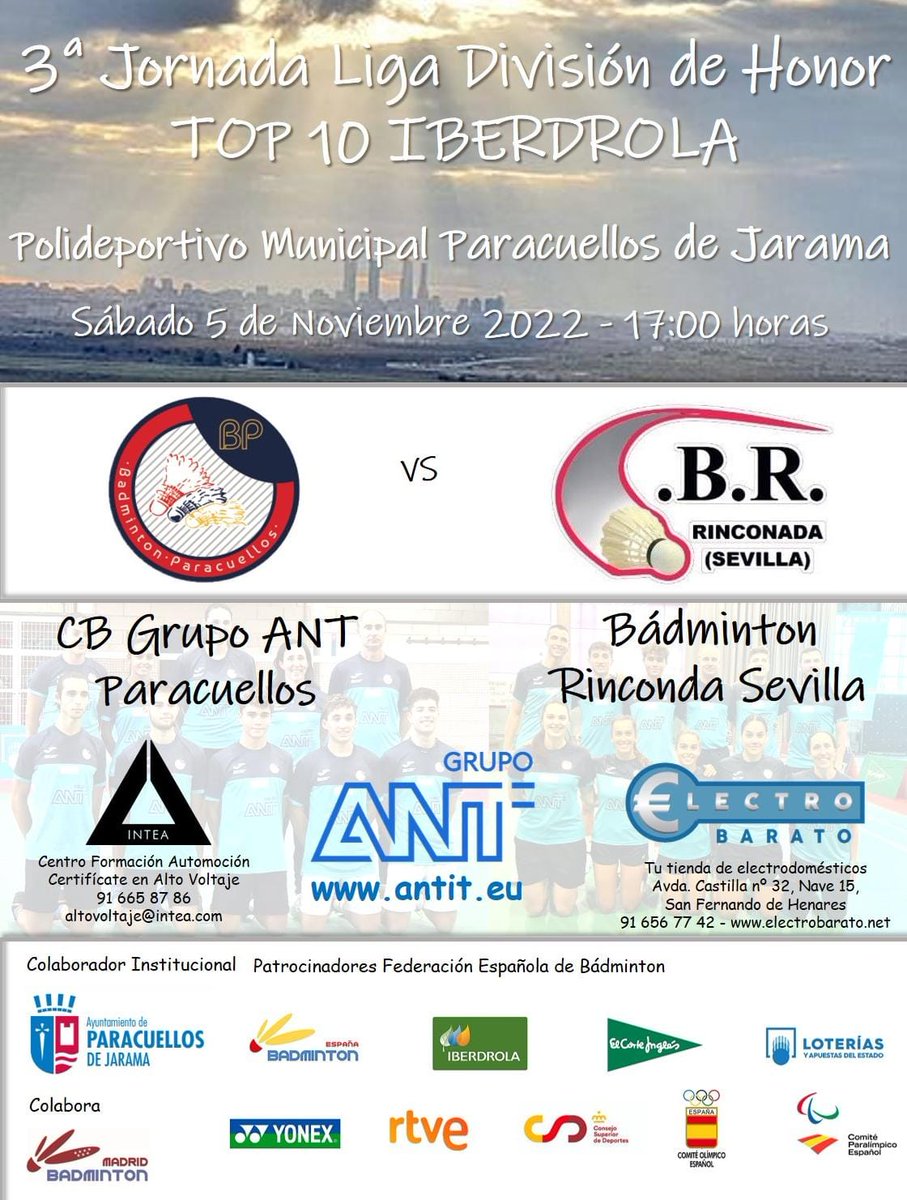 🚨 NUEVA JORNADA DE DIVISIÓN DE HONOR EN PARACUELLOS DE JARAMA 🚨

🏸 CB GRUPO ANT PARACUELLOS - CB RINCONADA SEVILLA

📅 Sábado 5 de Noviembre
🕔 17:00 horas
🏟️ Pabellón Municipal Paracuellos de Jarama
🎟️ Entrada Gratuita

💪💪💪 No te lo pierdas.