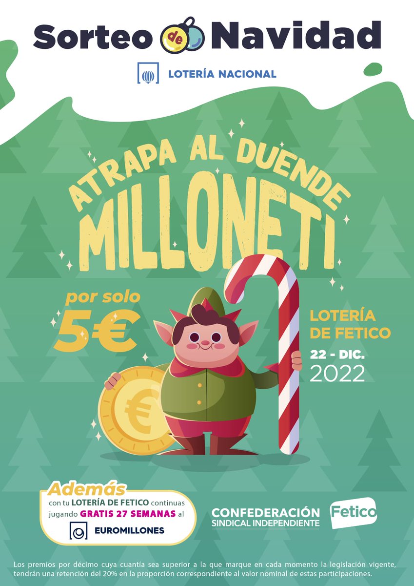 Un año más afrontamos con la máxima ilusión el #sorteo de la Lotería de #Navidad. El #DuendeMilloneti lleva el número ganador, no esperes más para atraparlo. Pregunta a tu delegado/a para conseguir el número de Lotería Nacional 2022 de #Fetico.
#loteria