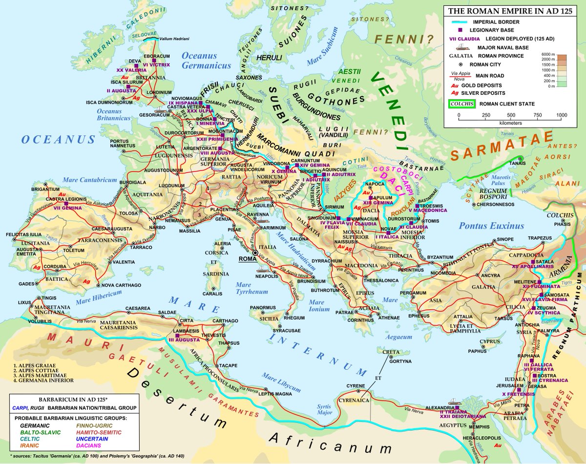 MapPornTweet's tweet photo. Roman Empire 125AD. Physical map with main roads, major cities, legion names, location of legionary and naval bases, gold and silver deposits, location and linguistic group of barbarian tribes. https://t.co/p75VAtfUSV #MapPorn https://t.co/npZJDYunSQ