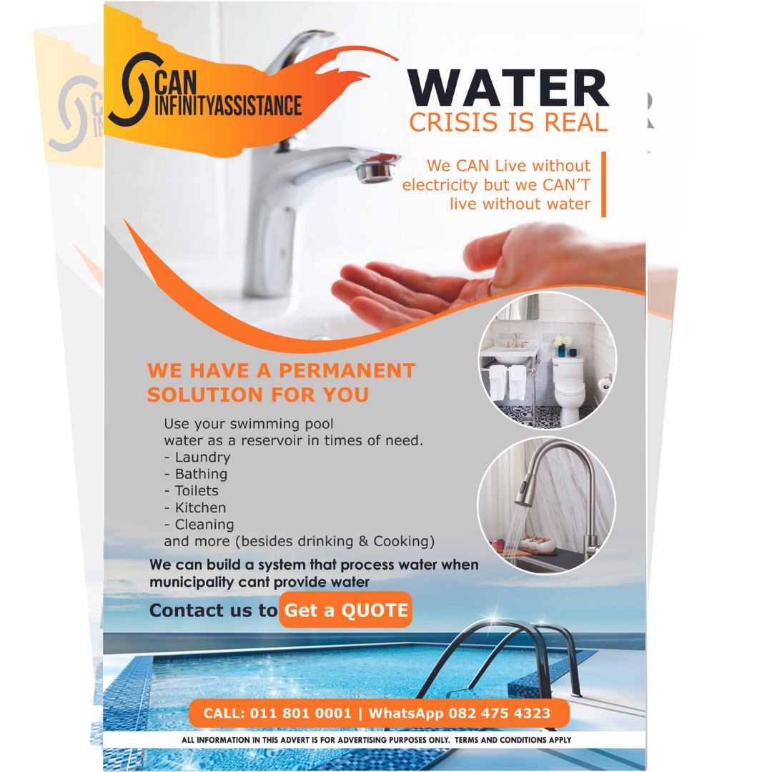 Can_Infinity's tweet image. Never run of of water when the Municipality can not deliver, We CAN help by building a system that process water to your taps from your swimming pool, Get a Quote on 011 801 0001 | WhatsApp 082 475 4323.
#AskAMan
#WeCANhelp
#Checkpoint
