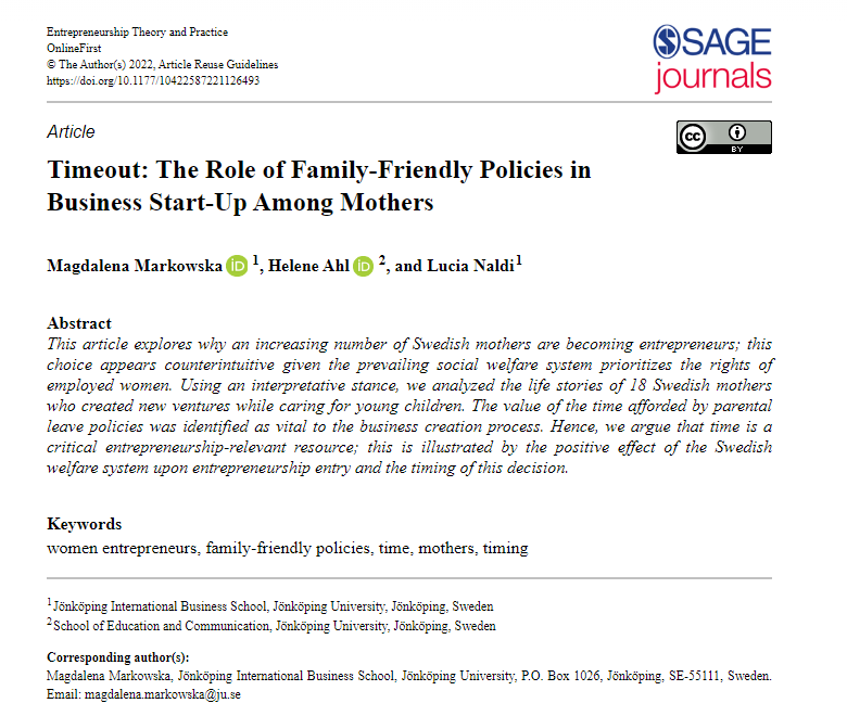 ETPjournal's tweet photo. Authors @mmarkowska, Helene Ahl, and Lucia Naldi were inspired by personal experiences to write the newly published piece, "Timeout: The Role of Family-Friendly Policies in Business Start-Up among Mothers".
Read their publication online at https://t.co/dtPo8tIlxd https://t.co/nvzyEu4oir