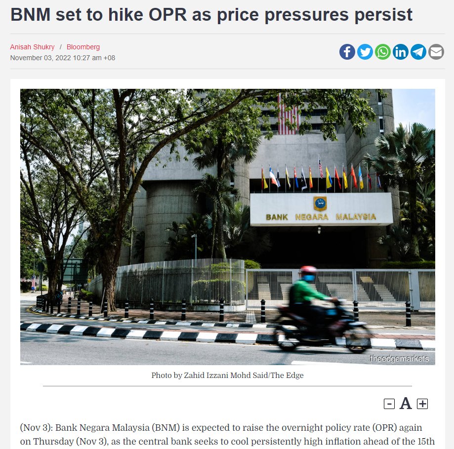 IvyJuventas's tweet photo. Pagi tadi, BNM naikkan lagi OPR by 25bps utk mengatasi kadar inflasi MYR. But, utk buat comparison pre-covid &amp; now. We're still below the OPR rate from pre-covid.

So what does this means? 

This is a thread. https://t.co/Jnew0VmcOU