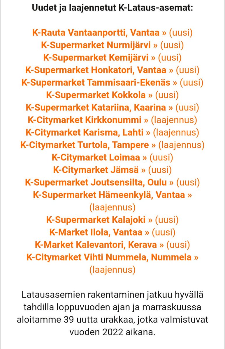 K-Latauksen lokakuussa avaamat ja suurteholatureiksi päivittämät kohteet. Marraskuussa aloitetaan 39 kohdetta!