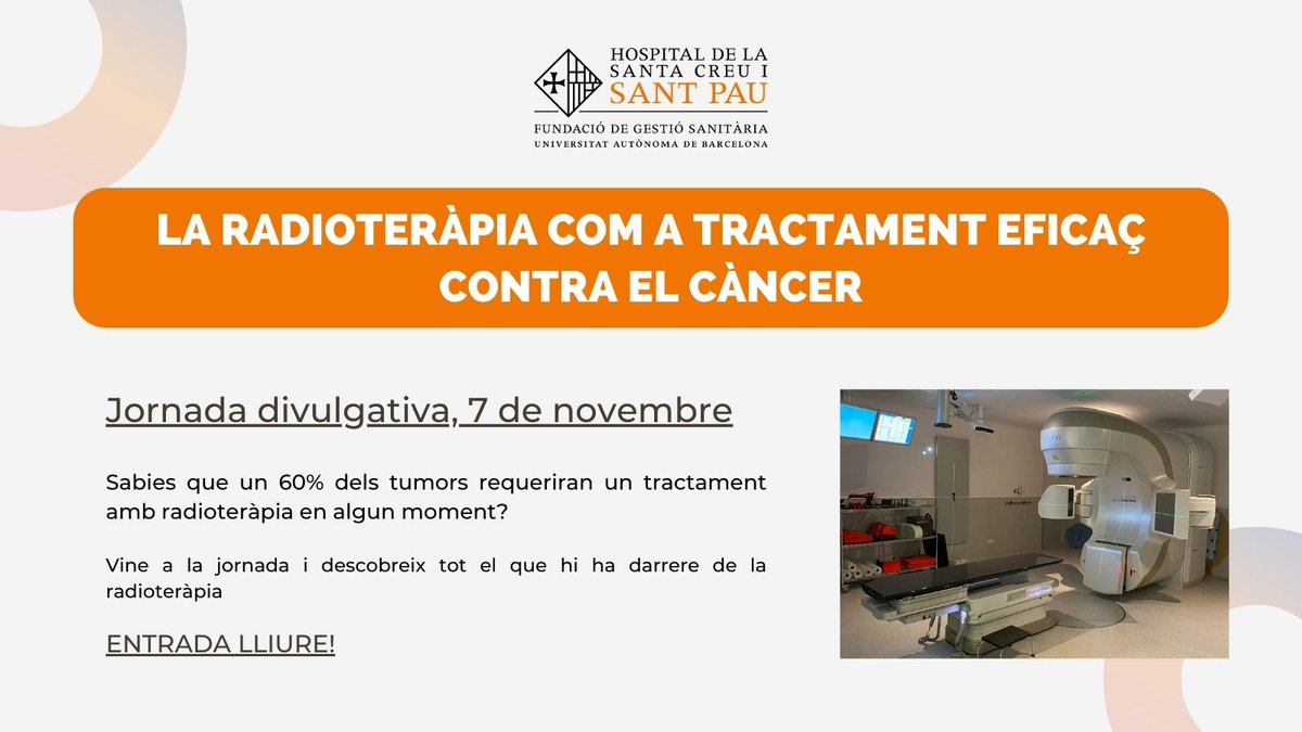 Què hi ha darrere de la #radioteràpia? Com funcionen les 
les radiacions contra el #càncer i com es prepara i administra el tractament?

🗣 Jornada divulgativa a #SantPau
🗓 Dilluns 7 de novembre
📍 Sales polivalents Hospital
Bloc A Planta 2
🕛 17:00 h 
👉🏻 Entrada lliure