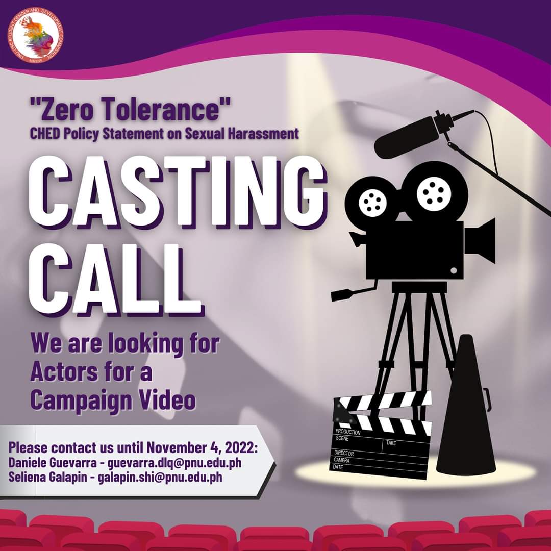 pnugadcomm's tweet photo. ❗❗ 𝐂𝐀𝐒𝐓𝐈𝐍𝐆 𝐂𝐀𝐋𝐋 ❗❗

What: "Zero Tolerance" CHED Policy on Sexual Harassment
Who: 10 female actors &amp; 10 male actors
Where: PNU Manila Campus https://t.co/i6n1c8q7iu