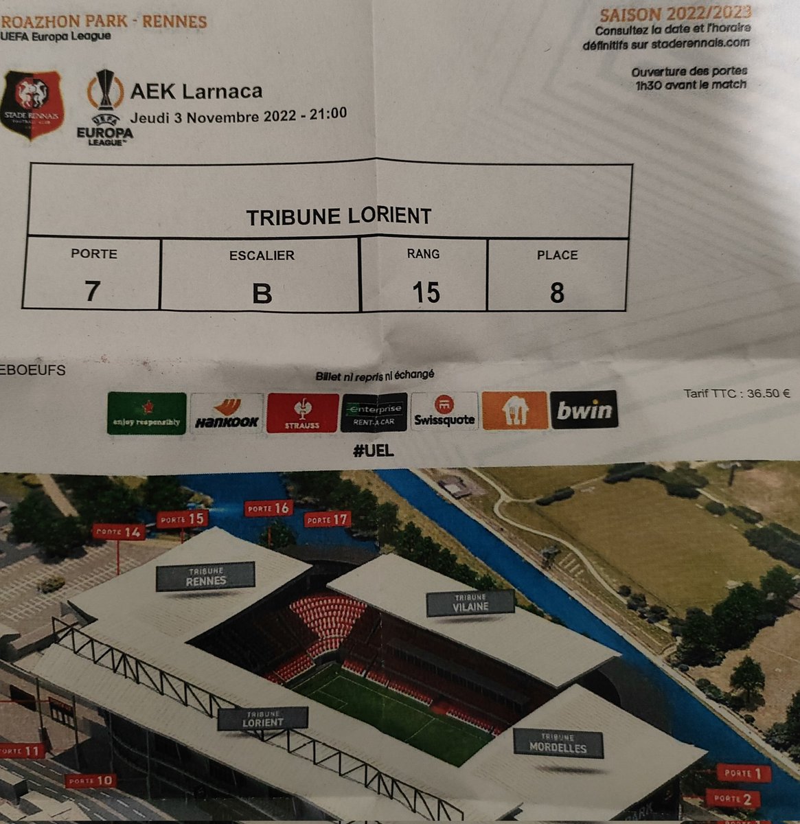 Punchouille's tweet photo. Je revends ma place Tribune Lorient, virage bas proche de la Mordelles. Prix d'achat 36,50€, je la revend 20€, mp si intéressé, remise en main propre devant le lokal https://t.co/vdyHcnXIKe