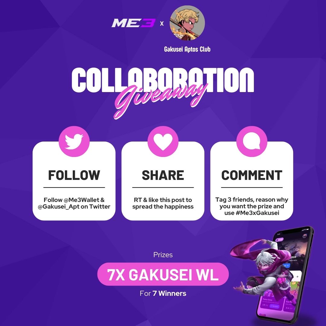 GachaGalaxyHQ's tweet photo. #NFTGiveaway alert!

#Me3 is teaming up w/ @Gakusei_Apt to celebrate Aptos Communities!

🎁  7x Gakusei WL

To Enter:
1️⃣  Follow @Me3Wallet &amp; @Gakusei_Apt
2️⃣  Like &amp; RT
3️⃣  Tag 3 friends and reason why you want this WL, use #Me3xGakusei

Ends in 24 hours! https://t.co/aK3r6MZzFh