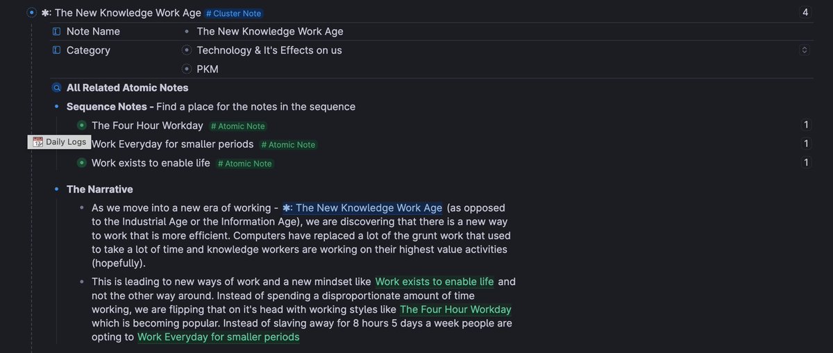 <a href="/cortexfutura/">Cortex Futura</a> This reminds me of something I’ve been playing with in my notes lately. 

I’ve always placed my atomic notes in a sequence. 

But I added a new section called Narrative to force me to connect them differently.