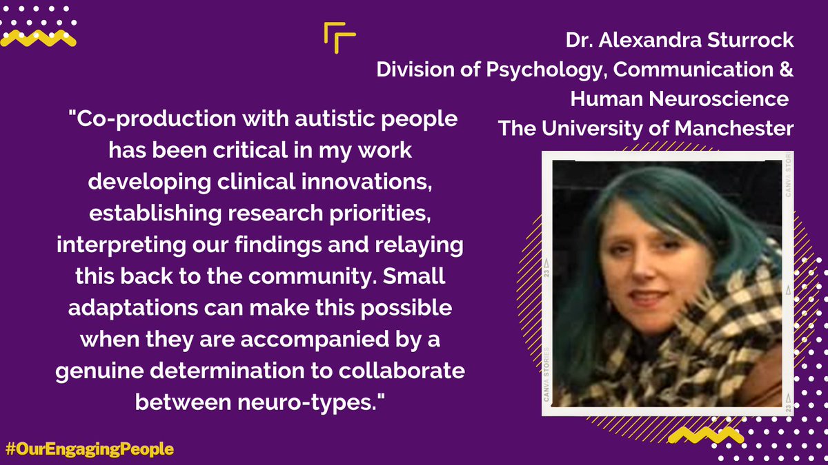 Meet Dr Alexandra Sturrock (@alex_sturrock) 

She works within <a href="/AutismAtMCR/">Autism @ Manchester</a>, bringing academics and clinicians together to engage and co-produce research with members of the autistic community.

#OurEngagingPeople