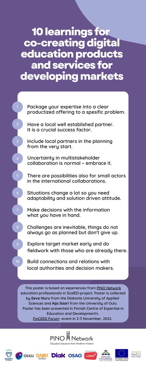 PinoNetwork's tweet photo. Our virtual poster was published today at @Opetushallitus FinCEED Forum: 
10 learnings for co-creating digital education products and services for developing markets. Collected from #PinoNetwork team's experience by @eevakiuru and @AijaSaari 
#koulutusvienti
#finceedforum https://t.co/m48Vyq2dP1