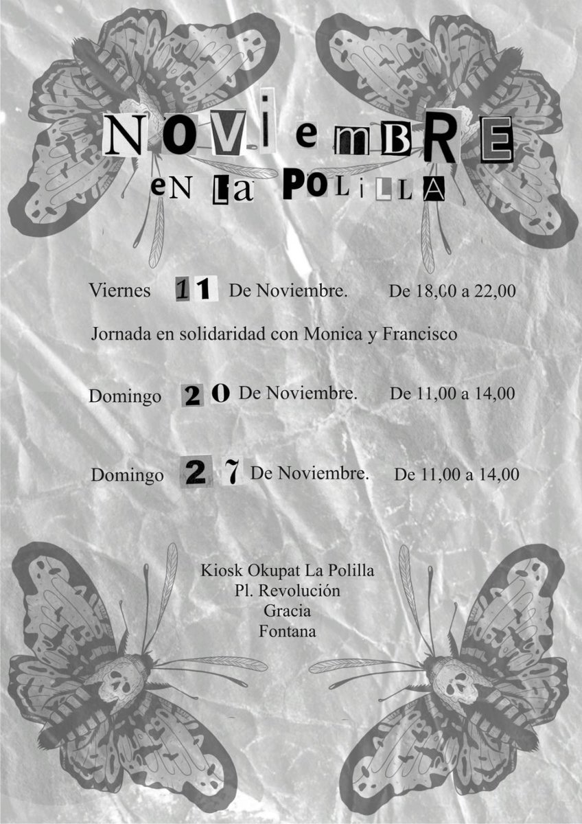 🌿Novembre al Quiosc Okupat🌿
Aquí teniu les properes obertures a Plaça Revolució!
📚Fanzines pro-presxs
💌Carteig
🖤Bona companyia