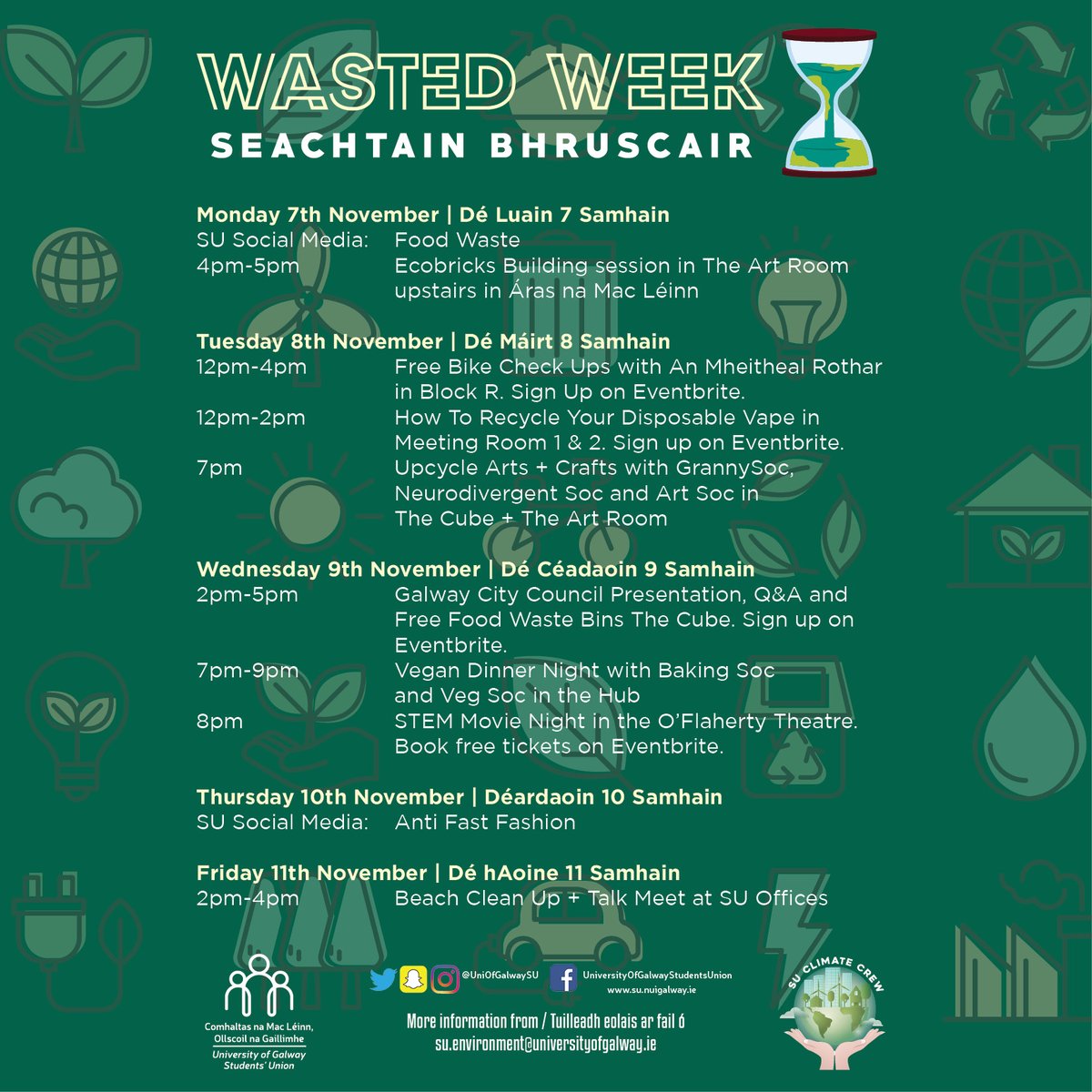 UniOfGalwaySU's tweet photo. Your SU Weekly Email includes: 

♻️#WastedWeek
🗣️Societies Forum
✋Class Rep Meetings
🍿STEM Movie Night
✍️Postgrad Petition
📰Sin 
🧼Hygiene Bank
❤️Disclosure Training
 
+ More here
⬇️⬇️
https://t.co/R0NcpWOeyD

#DoChomhaltas #UniversityofGalway https://t.co/SF1FvbW8bY