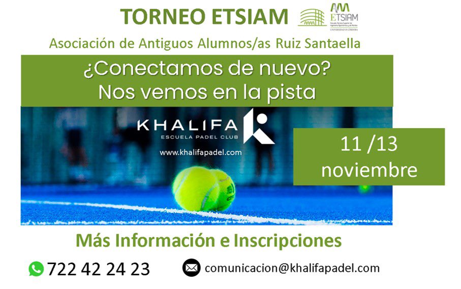 🗣 🔜#TorneoETSIAM Pádel 🎾 11-13 Noviembre.2022. Organiza:
<a href="/AAAA_ETSIAM/">Asociación Ruiz Santaella</a>
Asociación de Antiguos Alumnos y Alumnas "Ruiz Santaella" de la <a href="/ETSIAMCordoba/">ETSIAM - Universidad de Córdoba</a>