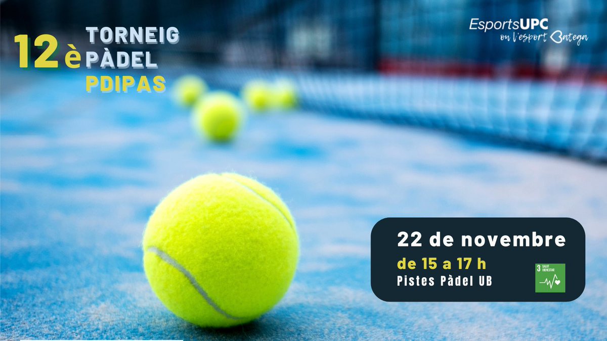 EsportsUPC's tweet photo. 📢 Si ets #PDIPAS de @la_UPC ja et pots inscriure al 12è Torneig de Pàdel‼️
📅 22 de novembre
⏰ de 15 a 17 h
📍Pistes de Pàdel UB
📝Més info i inscripcions:
https://t.co/lSSFnI0kAC https://t.co/qx5iq0uVan