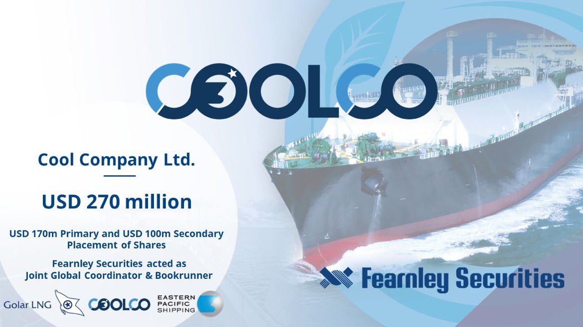 FearnleySec's tweet photo. Fearnley Securities congratulates Cool Company Ltd, Eastern Pacific Shipping Pte. Ltd. and Golar LNG on their successful USD 270 million primary and secondary sale of shares in COOL. Fearnley Securities acted as Joint Global Coordinator and Bookrunner in the transaction. https://t.co/swQT9ZnQII