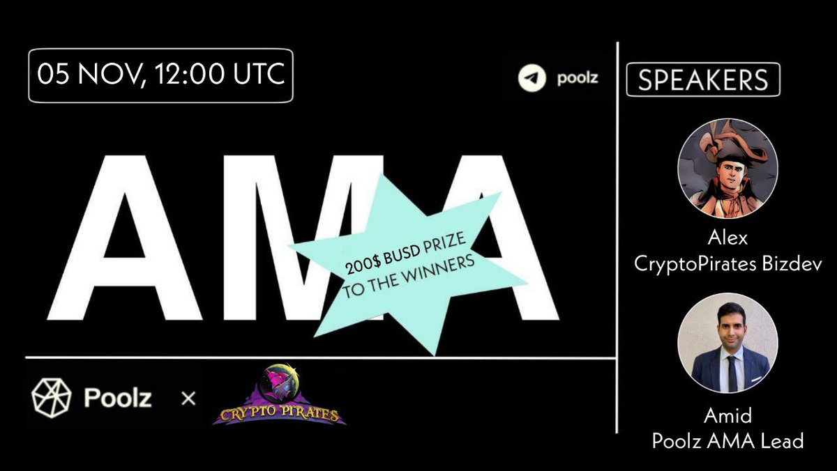 📢 We are happy to share that we will conduct an AMA with <a href="/_Crypto_Pirates/">Crypto Pirates</a> on Nov. 5th at 12:00 UTC! 

🔗 AMA Venue: t.me/PoolzOfficialC…

💰 $200 BUSD will be distributed to the winners! 

📏Rules:
1. Follow <a href="/Poolz__/">Poolz Finance</a>
2. Follow <a href="/_Crypto_Pirates/">Crypto Pirates</a>
3. Like, RT, Tag 3 Friends
