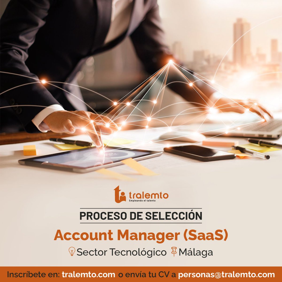 #OPORTUNIDAD #LABORAL!
#OFERTA DE #EMPLEO #ACCOUNT #MANAGER #SaaS para empresa dedicada al #desarrollo de #HR #SaaS especializado en #gestión y #desarrollo de #Talento &amp; #People #Analytics, ubicada en #Málaga.

+Info: tralemto.com/portfolio/acco…

Envía tu #CV a: personas@tralemto.com