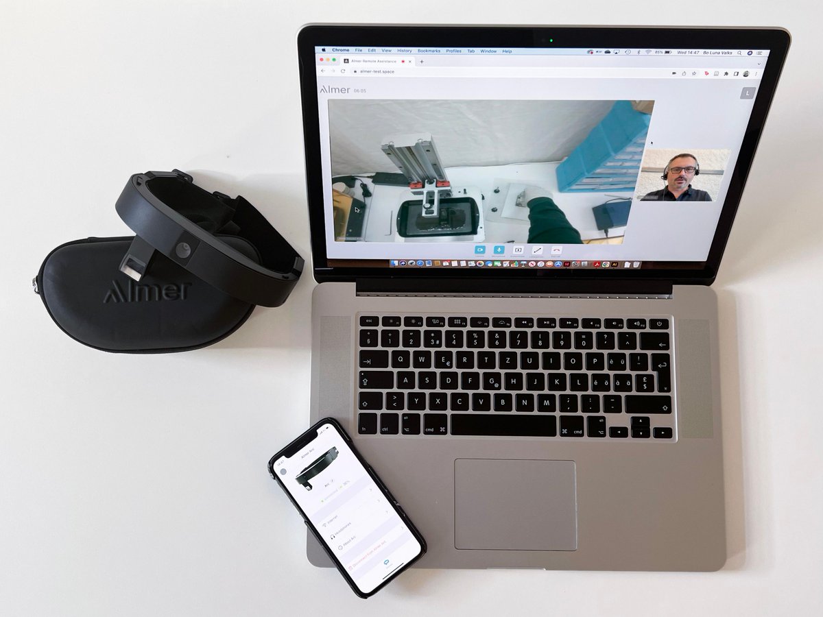 These three items are all you need to solve problems and save money! 

Connect your Almer Arc Headset to the Wifi and your Bluetooth headphones using the Almer App on your phone. An expert can now call your headset through our web application Almer Assist worldwide.