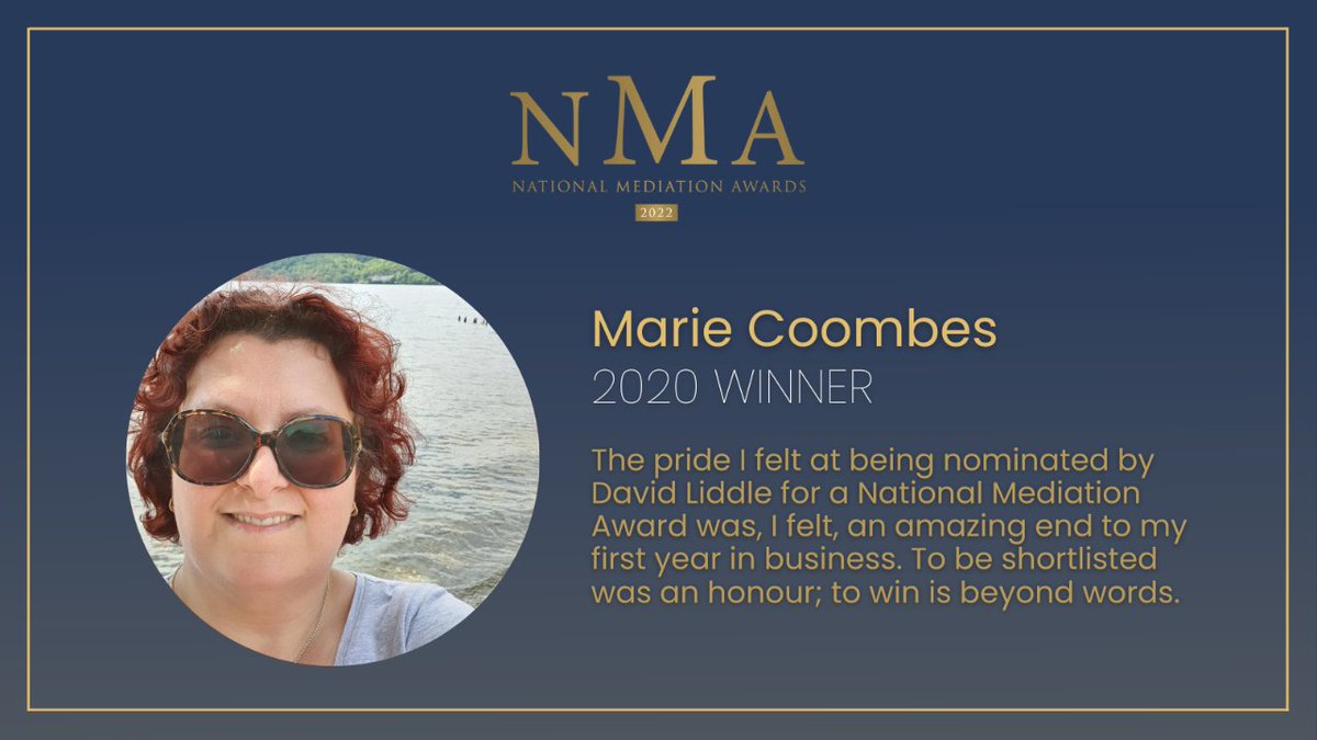 AwardsMediation's tweet photo. Meet @werestorecalm who won the #WorkplaceMediator Award in 2020. "Gaining #recognition for my vision, values and the work I do, is something I only dreamed of and thought was years away from happening." she said. #NMA2022 @civil_mediation @CollofMeds @FamMedCouncil https://t.co/kRE9ZGngZy