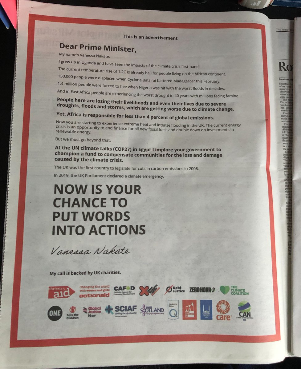 📣Take a look at this - <a href="/vanessa_vash/">Vanessa Nakate</a>'s letter to the PM <a href="/RishiSunak/">Rishi Sunak</a> is in <a href="/thetimes/">The Times and The Sunday Times</a> today👏
We stand with <a href="/vanessa_vash/">Vanessa Nakate</a> and her urgent message ahead of this month's UN  climate conference, #COP27