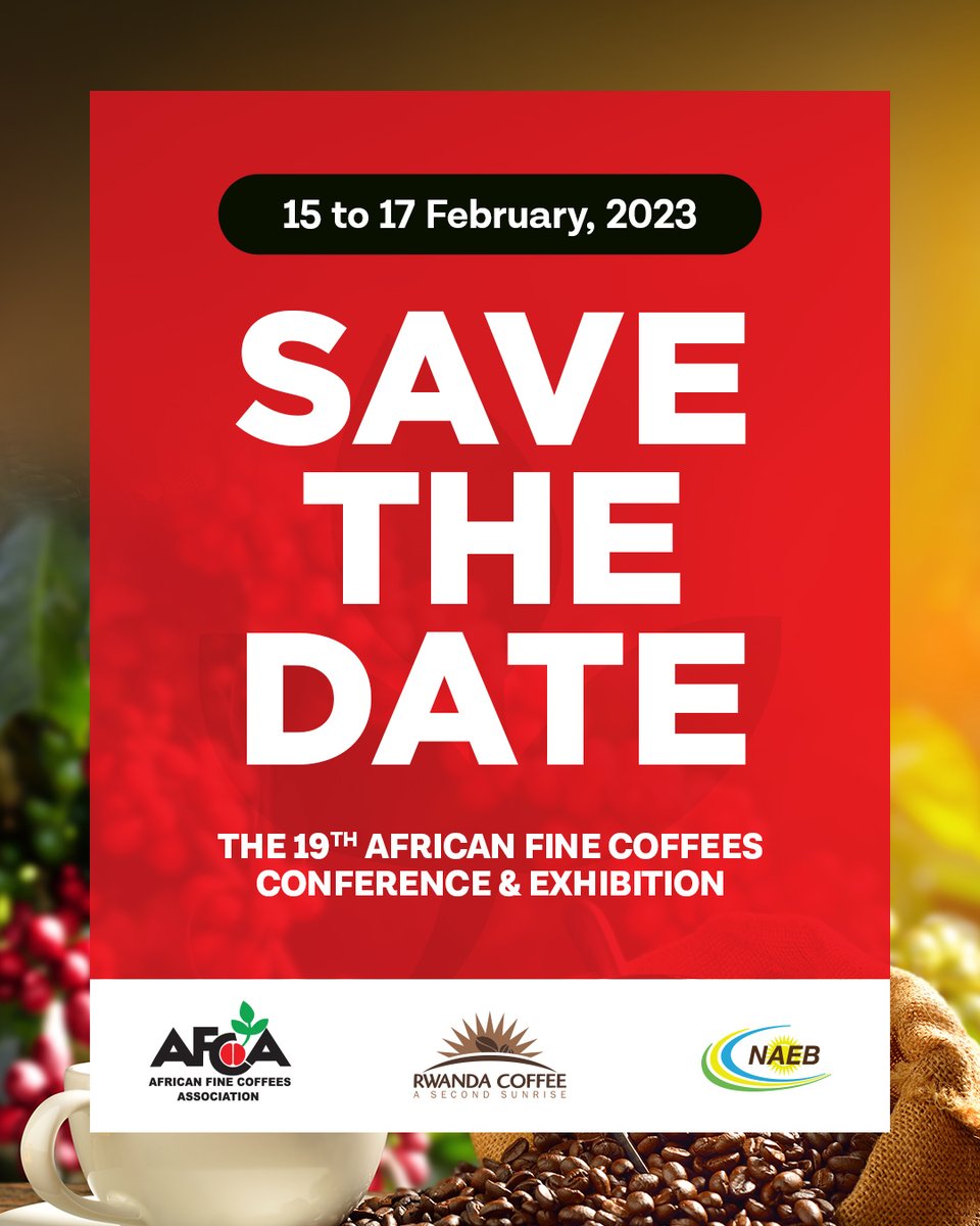<a href="/africancoffees/">African Fine Coffees Association (AFCA)</a> <a href="/RwandaAgri/">Ministry of Agriculture & Animal Resources |Rwanda</a> <a href="/ryaf_agribiz/">Rwanda Youth In Agribusiness Forum</a> <a href="/CoffeeUganda/">MAAIF_Coffee Production & Development Dept</a> <a href="/rbarwanda/">Rwanda Broadcasting Agency (RBA)</a> <a href="/IGIHE/">IGIHE</a> <a href="/ktpressrwanda/">KT Press Rwanda</a> <a href="/taarifarwanda/">Taarifa Rwanda</a> <a href="/izubaradio_tv/">IZUBA RADIO TV</a> <a href="/isangostar/">IsangoStar</a> <a href="/RCBrwanda/">Rwanda Convention Bureau</a> Themed "Shared Value for Sustainability in the African Coffee Industry," #AFCAconference2023 will bring together over 1000 people from around the world to discuss the sustainability of the African coffee industry while increasing the visibility of the continent's fine coffees.